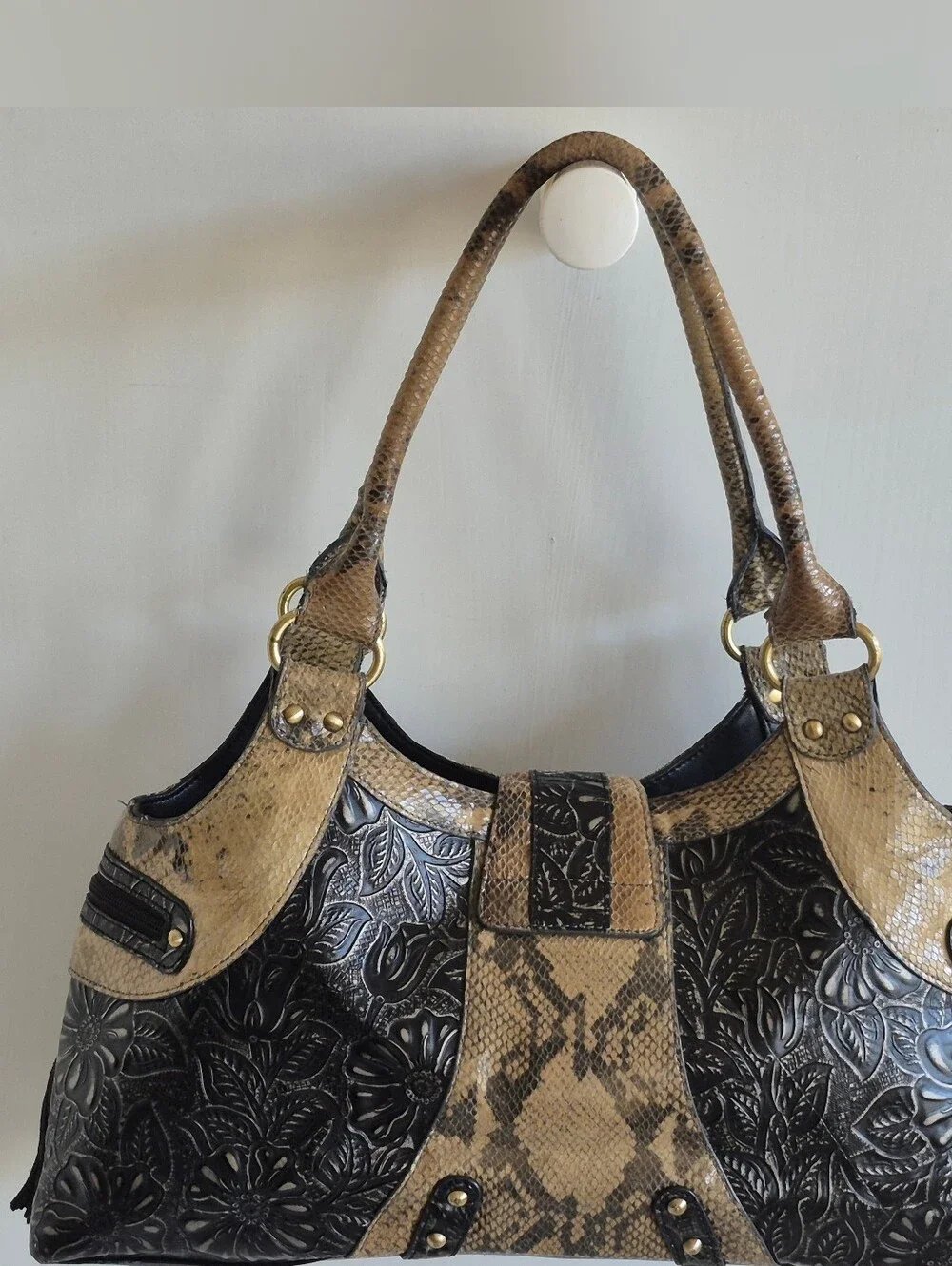 Original by Sharif 1827 Snakeskin Embossed Floral Design Large Hobo Shoulder Bag